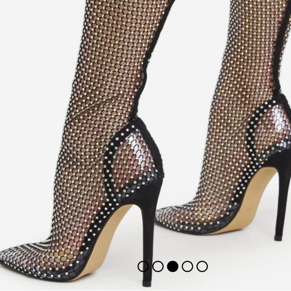 DIAMANTE DETAIL POINTED TOE STILETTO HEEL ANKLE HIGH SOCK BOOT IN BLACK FISHNET - Picture 3 of 9